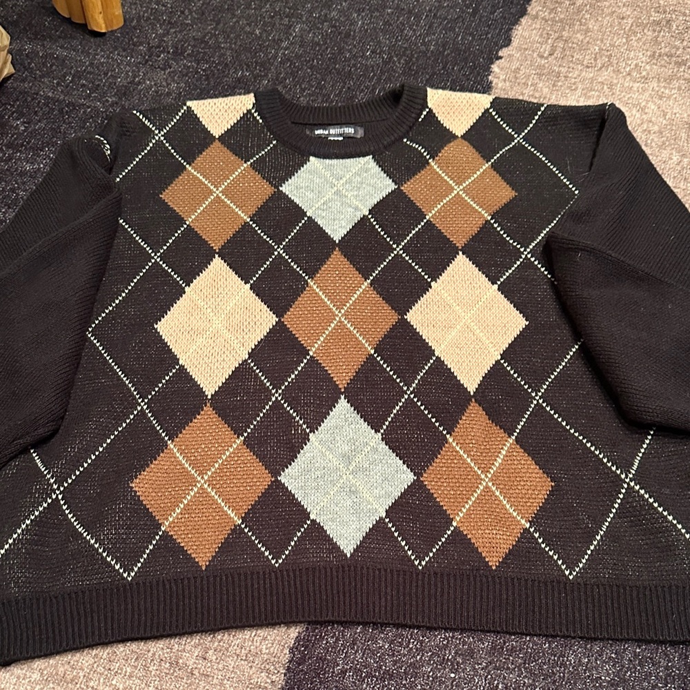 Urban Outfitters Black and Brown Argyle Crewneck Sweater